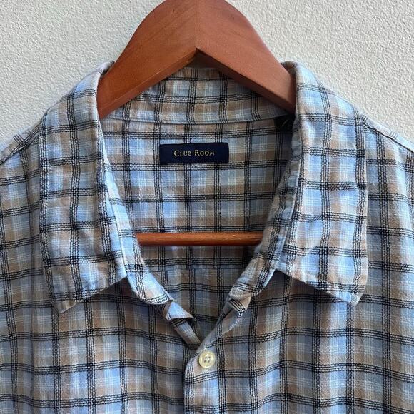 Club Room Shirt Mens XXL Blue Plaid Short Sleeve Button Front Linen Cotton Blend - Picture 4 of 6